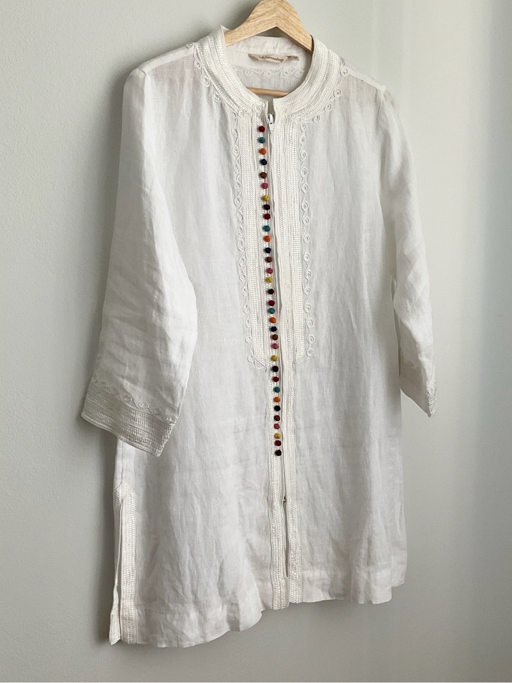 Soft Surroundings White 100% Linen Tunic with Colorful Pom Accents - Picture 5 of 14